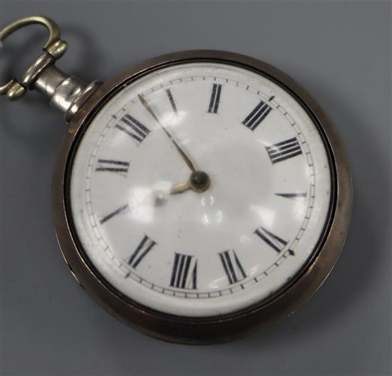 A George III silver pair-cased keywind verge pocket watch, James Davis, Leaminster, with enamelled Roman dial.